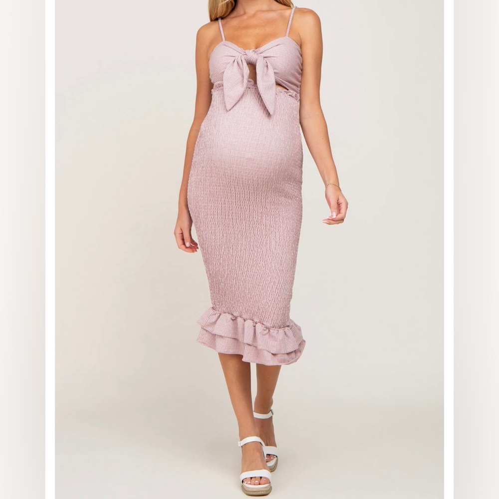 Mauve Gingham Print Smocked Fitted Self-Tie Maternity Midi Dress